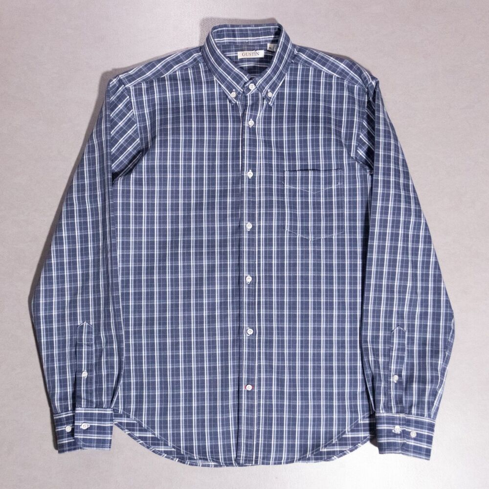 Gustin Twill Plaid Button Down Slim Shirt Midweight Workshirt Blue Men's XL USA